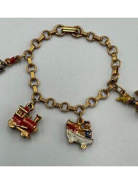 Vintage Charm Bracelet Gold Tone Toy Charms Train Jack In The Box Book Chain 6"